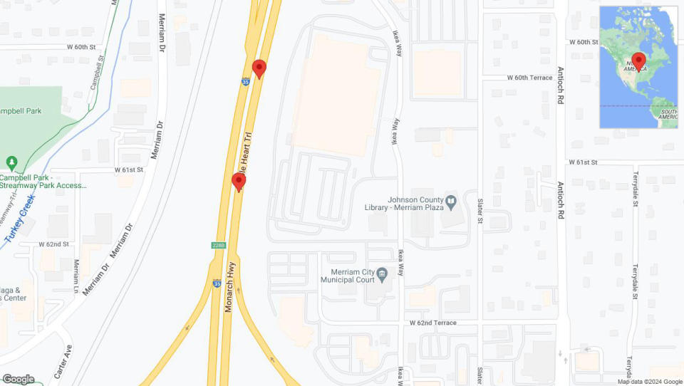 A detailed map that shows the affected road due to 'Broken down vehicle on northbound I-35 in Merriam' on July 26th at 12:24 p.m.