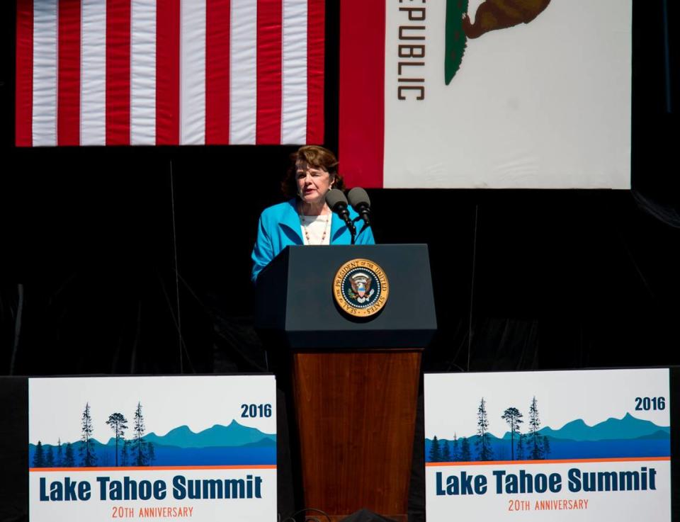 Sen. Dianne Feinstein speaks during the 20th anniversary Lake Tahoe Summit in 2016. President Barack Obama and Sens. Barbara Boxer and Harry Reid also took part in the summit.