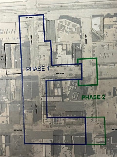 A map showing the two main phases (18th Street is within blue at left), with the first phase starting April 16, and the second in October.
