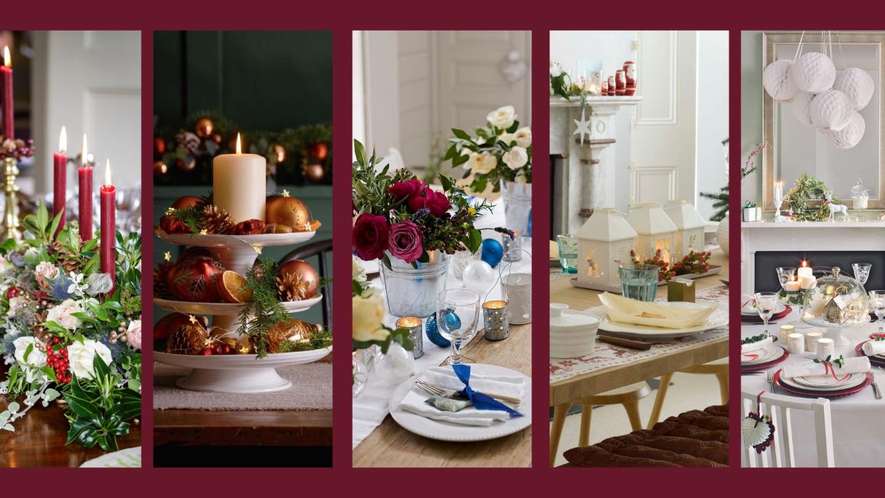  Compilation image of five festive tabletops to show various Christmas centrepiece ideas using flowers, baubles and lanterns. 