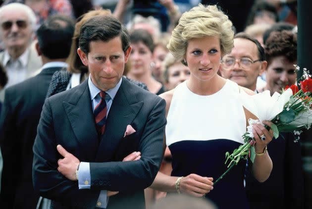 Charles and Diana, Prince and Princess of Wales, during their official visit to Hungary on May 10, 1990. (Photo: Georges De Keerle via Getty Images)