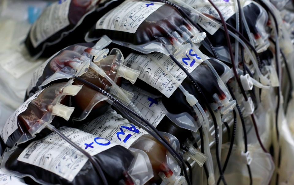 Packs of blood are seen at a hospital in Mosul