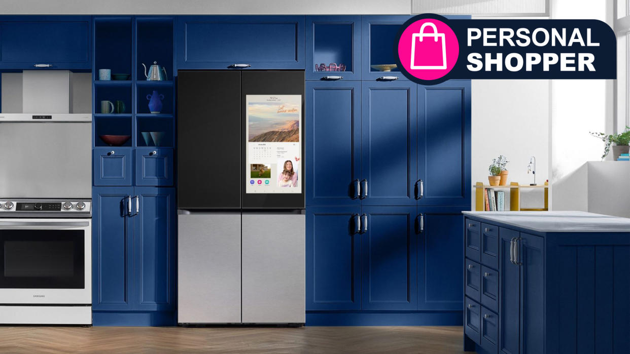  Samsung Family Hub Fridge in a modern blue kitchen with a sign saying 'Personal Shopper' 