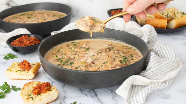 bowls of philly cheesesteak soup