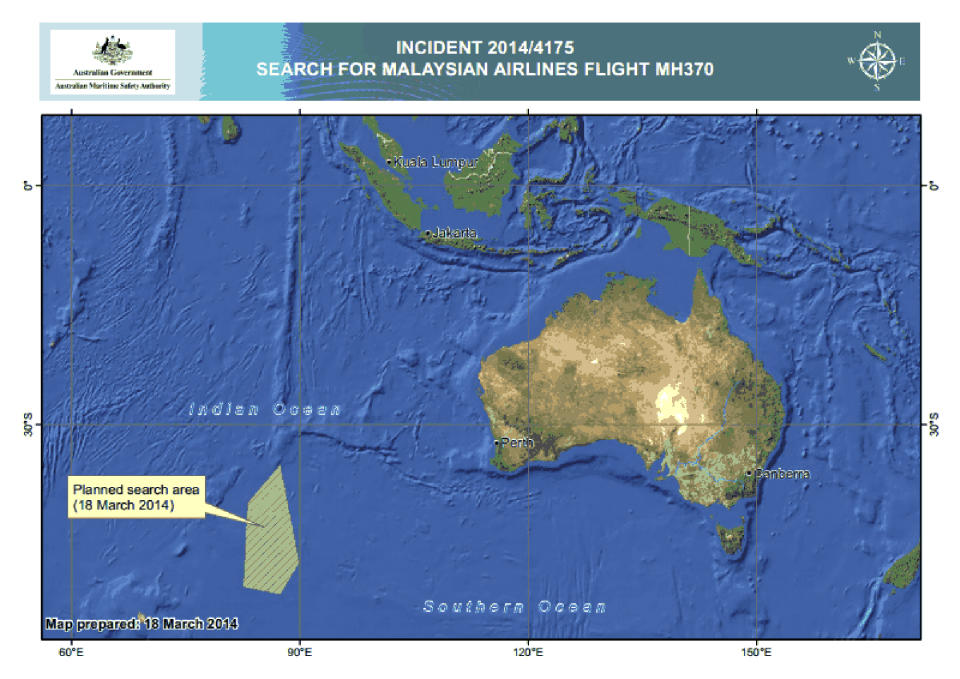 This graphic released by the Australian Maritime Safety Authority Tuesday, March 18, 2014 shows an area, left bottom, in the southern Indian Ocean that the Australian Maritime Safety Authority (AMSA) is concentrating its search for the missing Malaysia Airlines Flight MH370 on. Manager of AMSA response division John Young has identified their search will cover a massive 600,000-square kilometers (232,000-square miles) area, saying it will take weeks to search thoroughly. (AP Photo/The Australian Maritime Safety Authority)