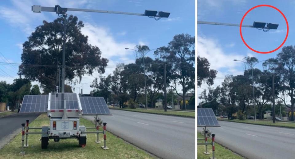 Mobile phone and seatbelt detection camera beside Victorian road