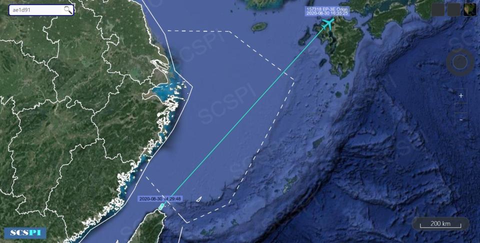 南海戰略態勢感知計畫平台昨日發文表示，30日1架美國海軍EP-3E電子偵察機疑似直接從台灣起飛。   圖：取自推特@SCS_PI