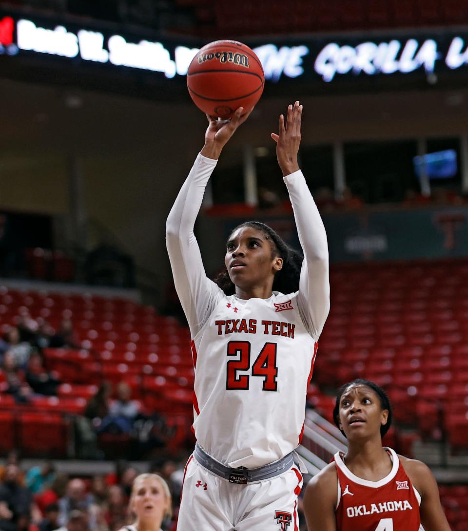 Texas Tech's Taylah Thomas (24) shoots the ball during the second half of an NCAA college basketball game on Sunday, Jan. 2, 2022, in Lubbock, Texas.