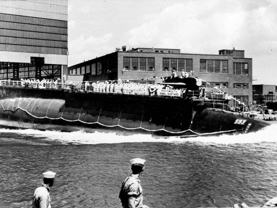 The SS Thresher is launched bow first into at the Portsmouth Navy Yard in Kittery, Maine.