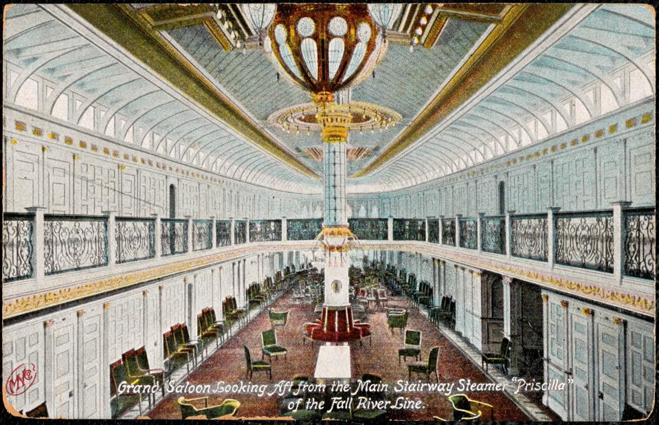 A postcard depicts the grand saloon inside the Fall River Line passenger steamship Priscilla.