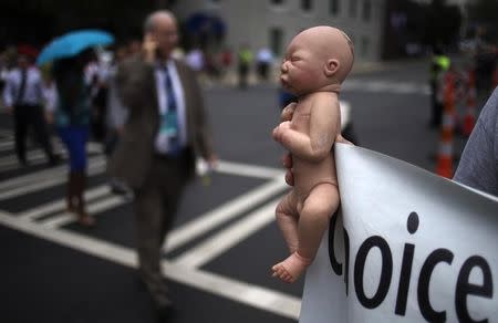 A pro-life activist holds a doll and banner while advocating his stance on abortion near the site of the Democratic National Convention in Charlotte, North Carolina on September 4, 2012. REUTERS/Adrees Latif
