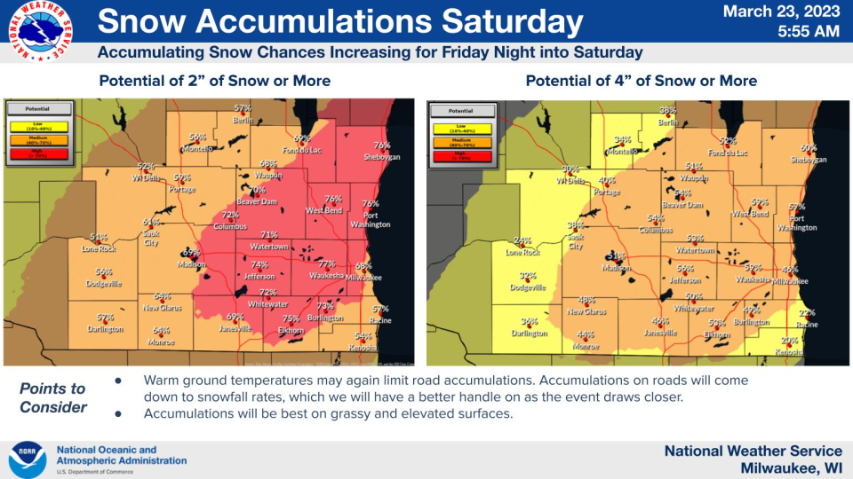 A probability map for possible snowfall Saturday in southeastern Wisconsin, released on March 23, 2023. Some regions near the lake could see over 4 inches.