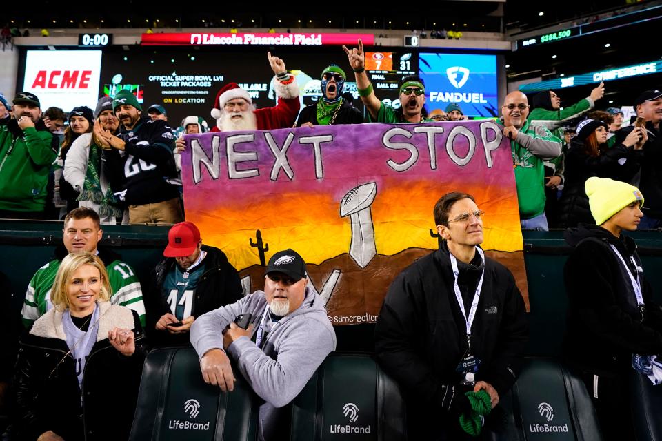 Philadelphia Eagles fans hold a sign after the NFC Championship NFL football game between the Philadelphia Eagles and the San Francisco 49ers on Sunday, Jan. 29, 2023, in Philadelphia. The Eagles won 31-7. (AP Photo/Chris Szagola)