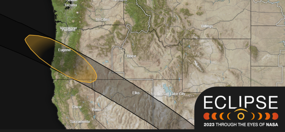 A sceenshot of the path of the Sat. 14 partial solar eclipse from an interactive NASA map at science.nasa.gov/eclipses/future-eclipses/eclipse-2023/where-when/.