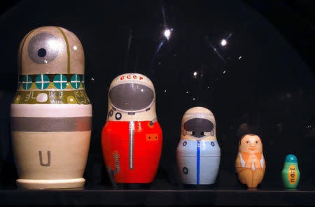 Matrioshka dolls depicting Russian cosmonaut Yuri Gagarin's mission as the first human to journey into space can be seen on display during an exhibition showcasing the story of the space race through Russian Matrioshka dolls at the Samara Space Museum in Samara, Russia, June 22, 2018. REUTERS/David Gray