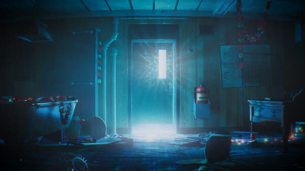 A glowing blue light shines from behind a shut door