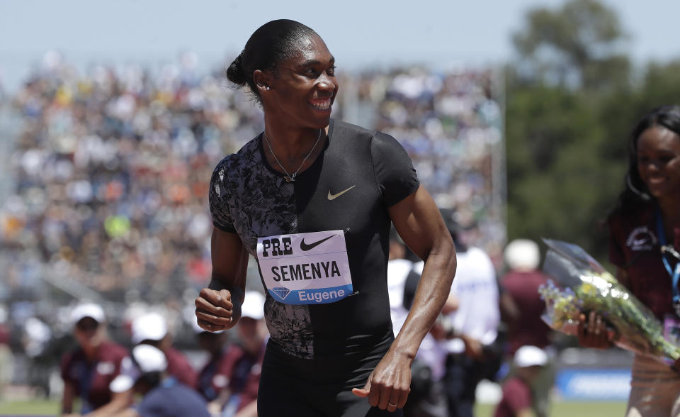 FILE - South Africa's Caster Semenya smiles after winning the women's 800-meter race during the Prefontaine Classic, an IAAF Diamond League athletics meeting, in Stanford, Calif. USA, Sunday, June 30, 2019. Semenya was listed on Friday, July 8, 2022 to compete at next week's world championships in Oregon, potentially setting up a surprise return to the big stage for the two-time Olympic champion and one of the most contentious athletes. (AP Photo/Jeff Chiu, File)