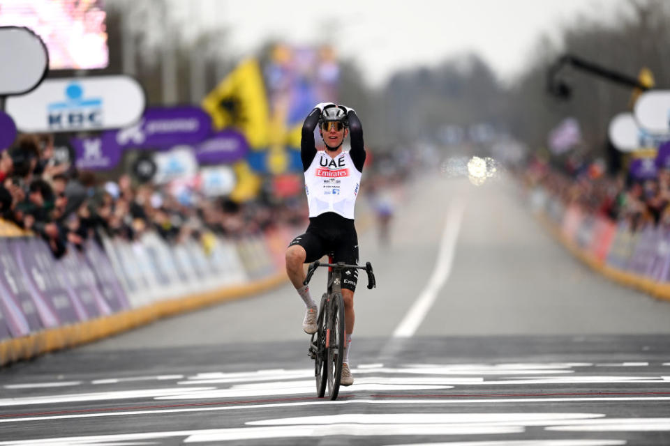 OUDENAARDE BELGIUM  APRIL 02 Tadej Pogacar of Slovenia and UAE Team Emirates celebrates at finish line as race winner during the 107th Ronde van Vlaanderen  Tour des Flandres 2023 Mens Elite a 2734km one day race from Brugge to Oudenaarde  UCIWT  on April 02 2023 in Brugge Belgium Photo by Tim de WaeleGetty Images