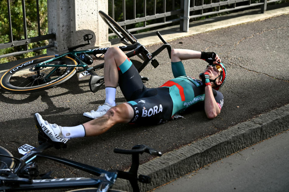 SANREMO ITALY  MARCH 18 Sam Bennett of Ireland and Team BORA  Hansgrohe reacts after a crash during the 114th MilanoSanremo 2023 a 294km one day race from Abbiategrasso to Sanremo  MilanoSanremo  UCIWT  on March 18 2023 in Sanremo Italy Photo by Tim de WaeleGetty Images