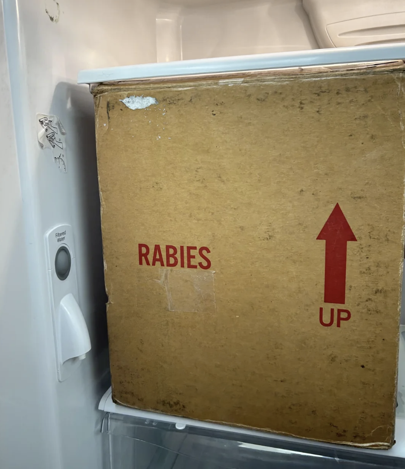 A worn cardboard box labeled "RABIES" with an arrow, placed inside a refrigerator