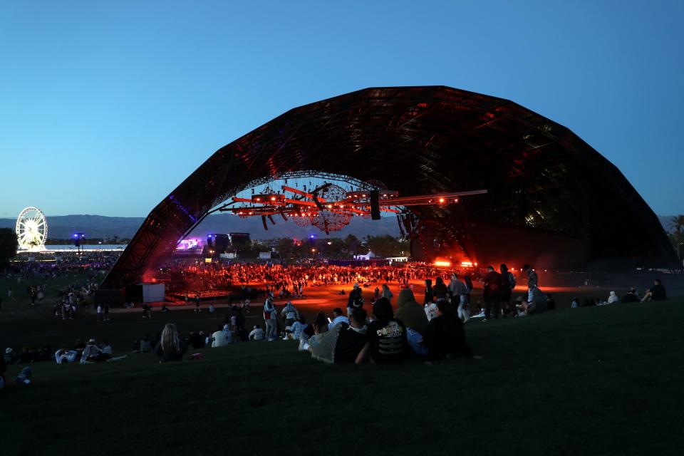 A view of the Sahara tent at dusk during the Coachella Music and Arts Festival in Indio, Calif., on Sunday, April 14, 2024.