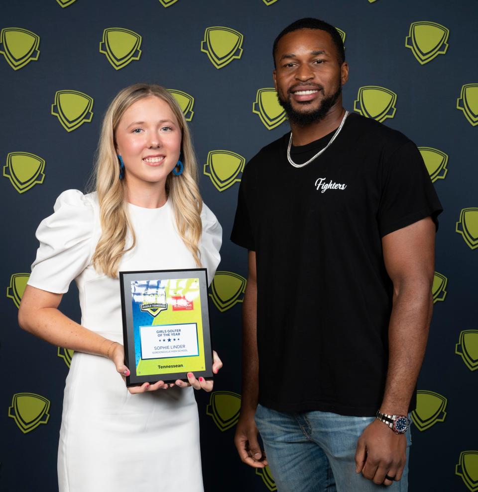 Golf award recipient Sophie Linder poses with Tennessee Titans safety Kevin Byard at the Middle Tennessee High School Sports Awards presented by Farm Bureau Health Plans Marathon Music Works Wednesday, June 8, 2022, in Nashville, Tenn. 