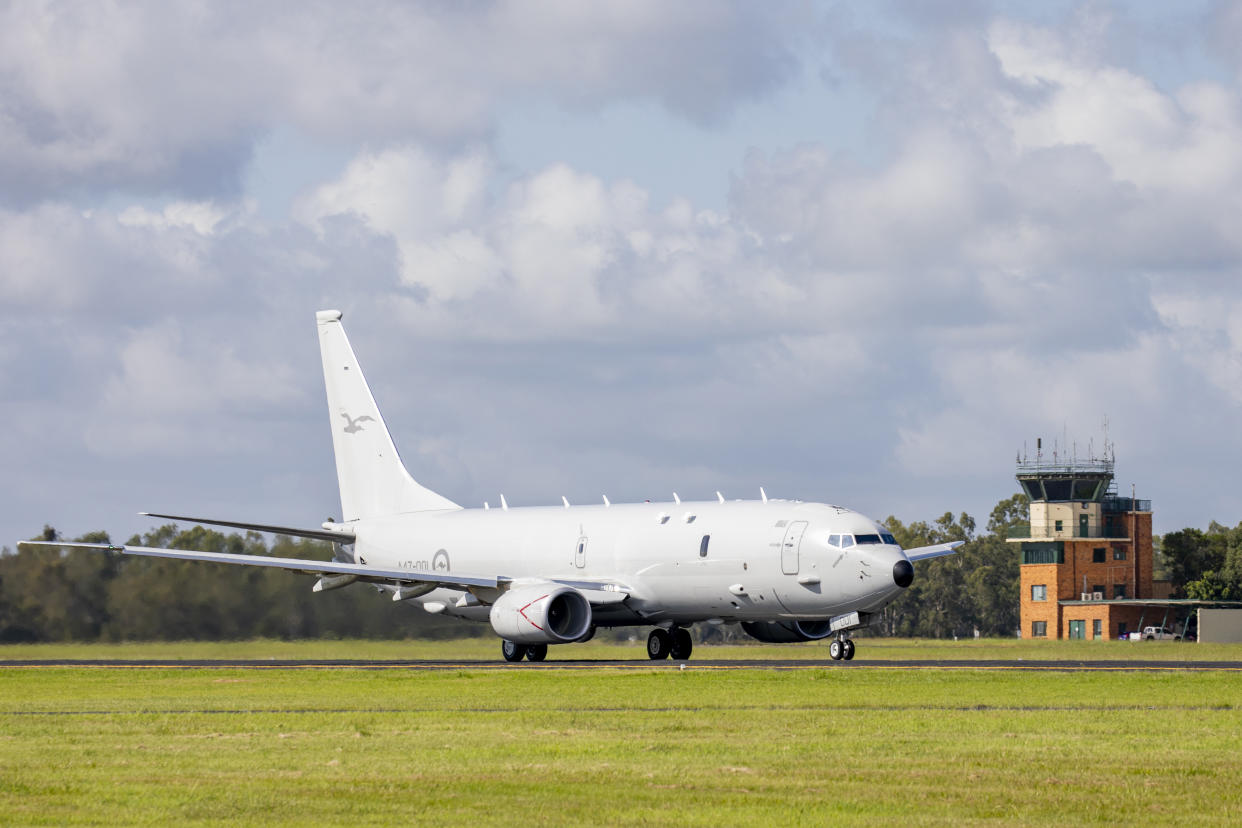 In this photo provided by the Australian Defense Force, a Royal Australian Air Force P-8 Poseidon aircraft prepares to depart an airbase in Amberly, Australia, Monday, Jan. 17, 2022, to assist the Tonga government after the eruption of an undersea volcano. (LACW Emma Schwenke/ADF via AP)