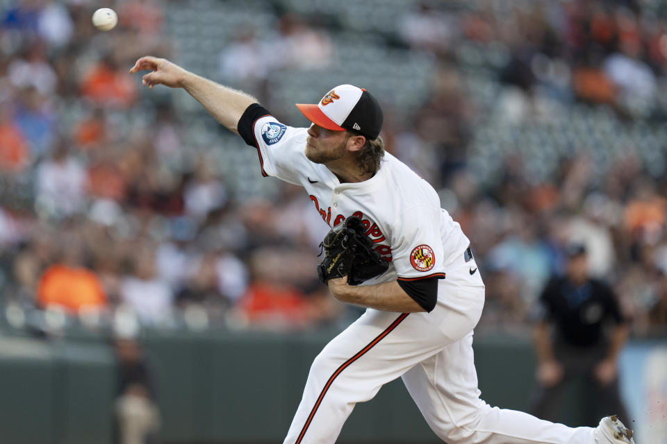 Baltimore Orioles starting pitcher Corbin Burnes delivers during the first inning of the team's baseball game against the Texas Rangers, Thursday, June 27, 2024, in Baltimore. (AP Photo/Stephanie Scarbrough)