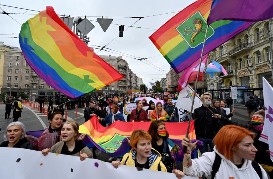 LGBT+ activists march in the center of the Ukrainian capital of Kiev during Kyiv Pride1 on September 19, 2021. (Photo by Sergei SUPINSKY / AFP) (Photo by SERGEI SUPINSKY/AFP via Getty Images) (AFP via Getty Images)