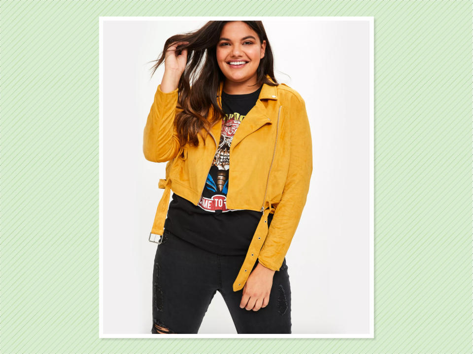 <p>Plus-Size Yellow Suedette Biker Jacket, $76, <a rel="nofollow noopener" href="https://www.missguidedus.com/plus-size-yellow-suedette-biker-jacket-10060223" target="_blank" data-ylk="slk:Missguided;elm:context_link;itc:0;sec:content-canvas" class="link ">Missguided</a> (Photo: Missguided) </p>