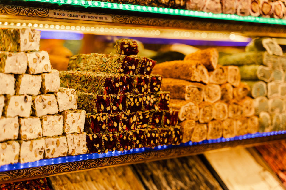 Turkish delight lokum in market. Turkish sweets street food