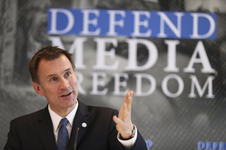 Britain's Foreign Secretary Jeremy Hunt speaks during a Foreign Ministers G7 meeting in Dinard, Brittany, Friday, April 5, 2019. Hunt has launched a media freedoms campaign alongside international human rights lawyer Amal Clooney from the sidelines of the Group of Seven foreign ministers' meeting in the French Atlantic resort of Dinard. (AP Photo/David Vincent)