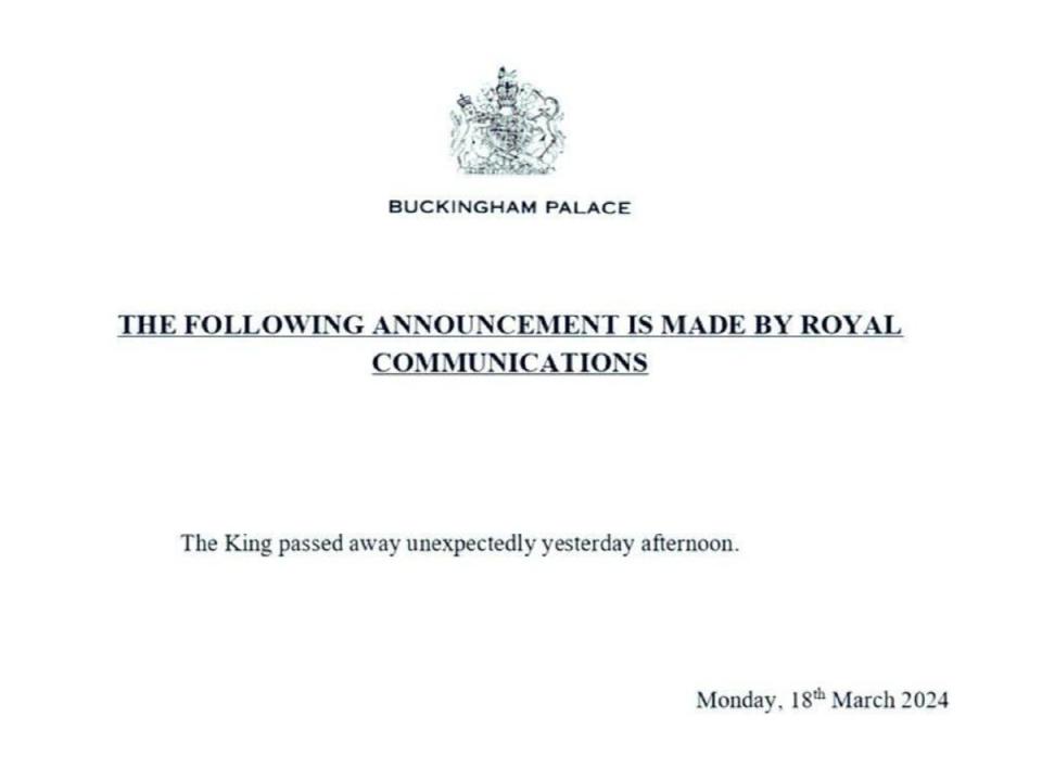 The fake Buckingham Palace announcement shared on Telegram appears to be a photoshopped version of message reporting the Queen’s death (Telegram)