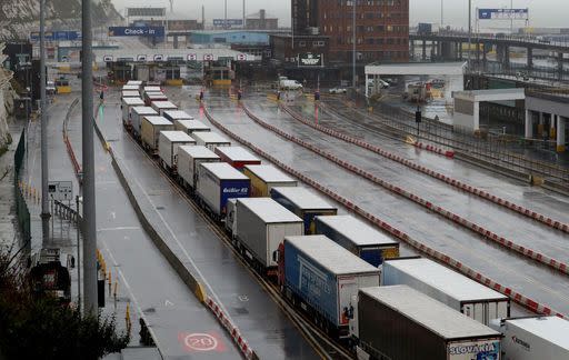 <p>Freight lorries queueing at the check-in area for the Port of Dover in Kent, where Channel traffic has begun to build up following a quiet start to the year and the end of the transition period with the European Union on 31 December </p> (PA)
