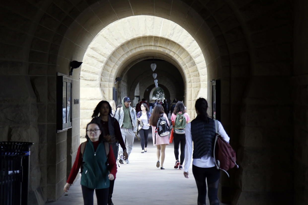 Students walk on campus at Stanford University in Palo Alto, California. (AP)