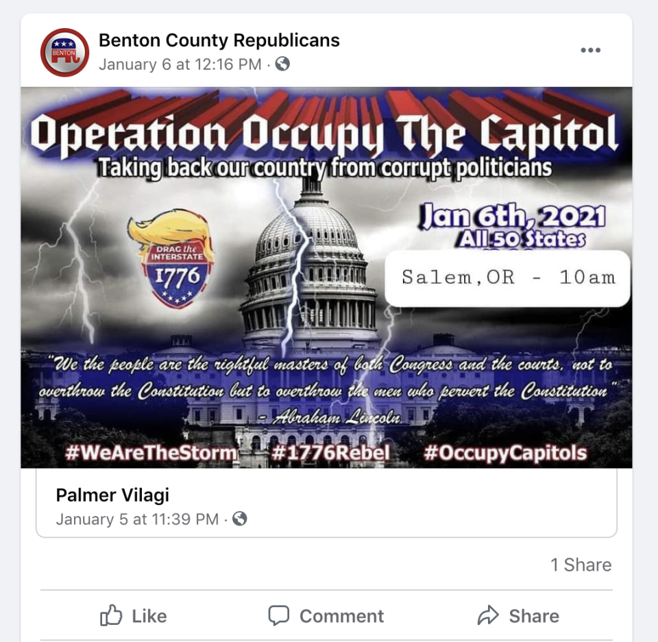 A screenshot, captured Jan. 15, illustrating a post on one local Republican Party chapter's Facebook page