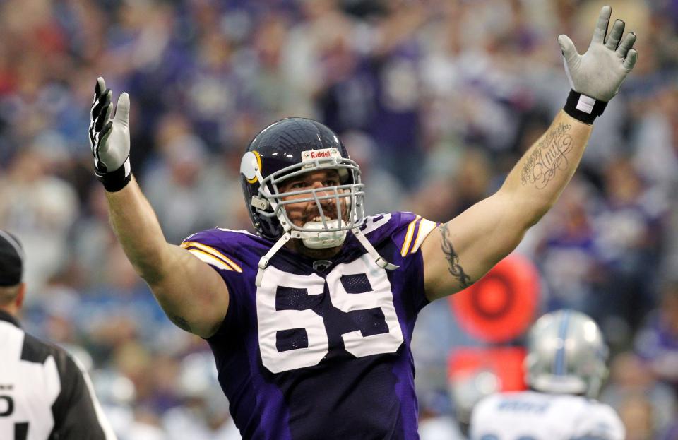 Minnesota Vikings defensive end Jared Allen gestures during the first half against the Detroit Lions, Sept. 25, 2011, in Minneapolis.