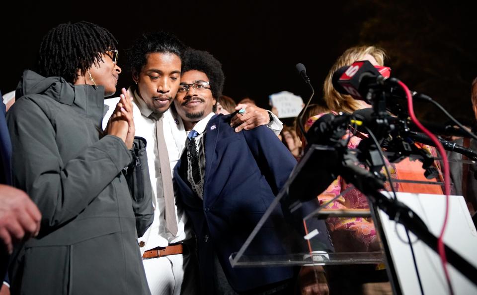 Justin Jones, left, embraces Justin Pearson as they speak at the State Capitol in Nashville, Tenn., following moves to expel them from the House of Representatives on Thursday, April 6, 2023. Jones and Pearson were expelled while Gloria Johnson retained her seat.