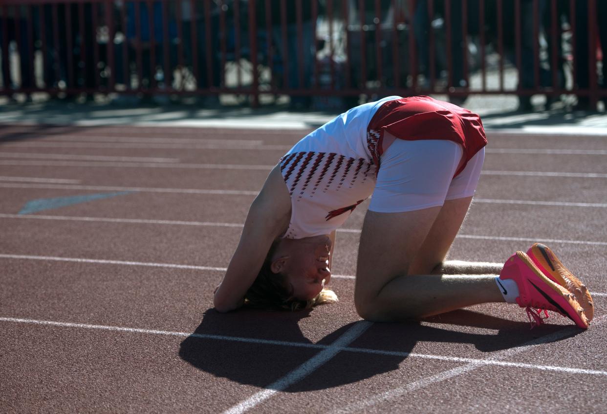 Seagraves' Jace Humphries becomes emotional after the 300-meter hurdles at the Districts 5/6-2A area track and field meet April 10. Humphries hit the final hurdle and placed fifth to miss advancing to regionals.