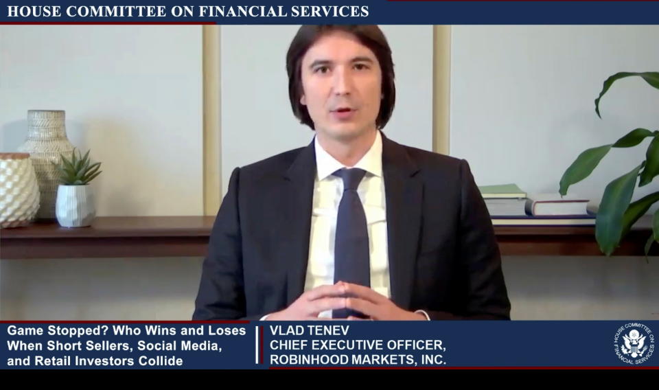 Vlad Tenev, CEO of Robinhood Markets, is seen testifying about GameStop trading in a frame grab from video during an entirely virtual hearing of the U.S. House of Representatives Committee on Financial Services entitled “Game Stopped? Who Wins and Loses When Short Sellers, Social Media, and Retail Investors Collide?”, in Washington, U.S., February 18, 2021.   House Committee on Financial Services/Handout via Reuters