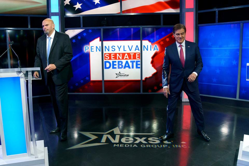 Pennsylvania Democratic Senate candidate Lt. Gov. John Fetterman, left, and Republican candidate Dr. Mehmet Oz  are seen prior to the Nexstar Pennsylvania Senate at WHTM abc27 in Harrisburg, Pa., on Tuesday, October 25, 2022.