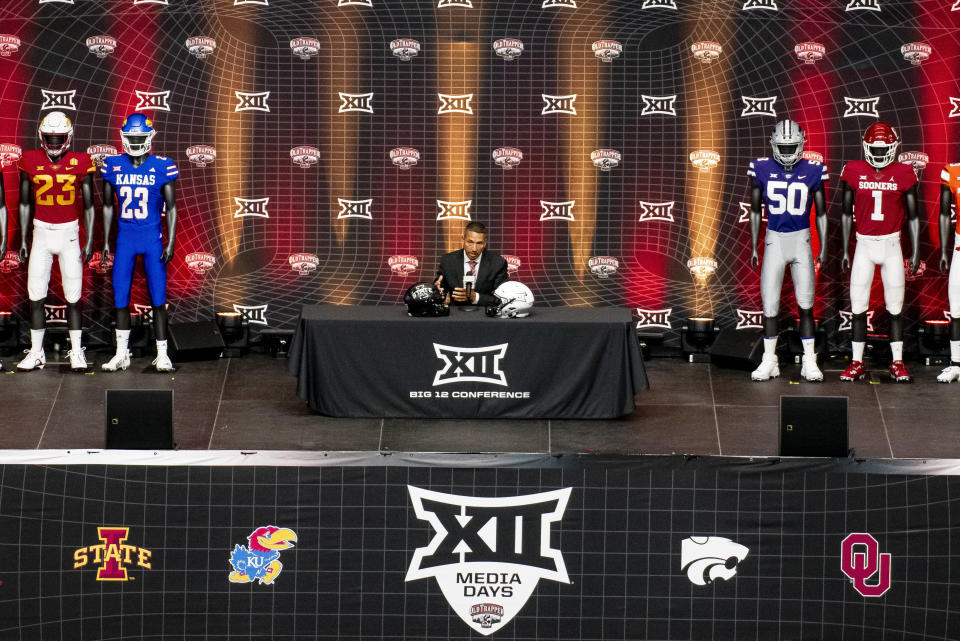 Iowa State coach Matt Campbell answers questions from reporters during the Big 12 college football media days in Arlington, Texas, Thursday, July 13, 2023. (AP Photo/Emil T. Lippe)