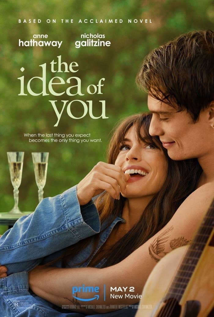 Movie poster for "The Idea of You" with Anne Hathaway, Nicholas Galitzine smiling, leaning in close