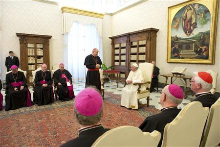 Pope Francis attends a meeting with Austrian bishops at the Vatican January 30, 2014. REUTERS/Osservatore Romano