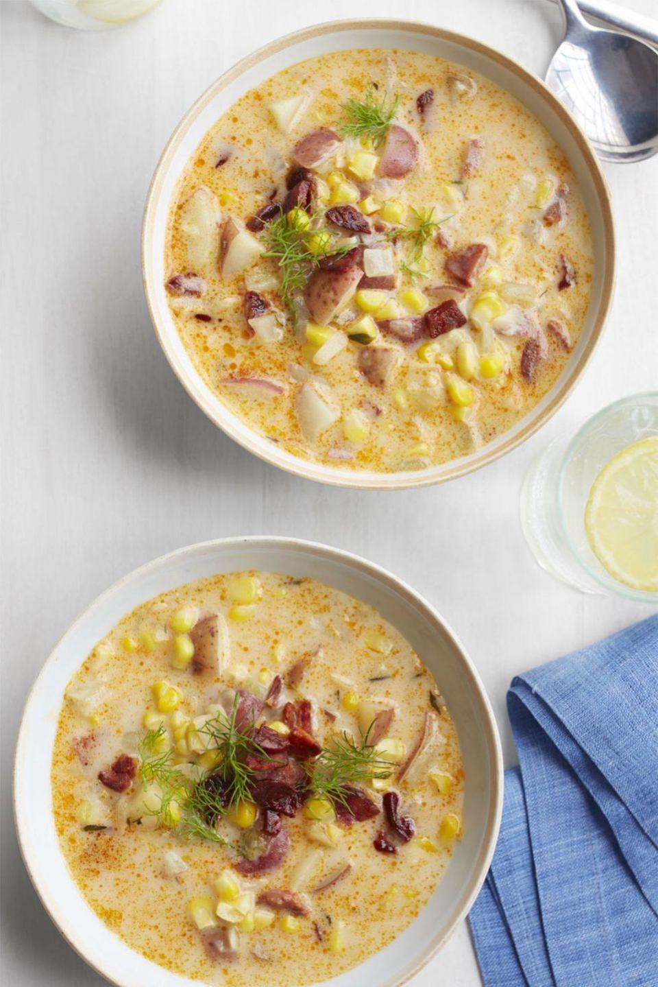 <p>Warm up on a cold winter's day with this comforting corn and potato chowder that can easily be made vegetarian if you eliminate the chorizo.</p><p><em><a href="https://www.womansday.com/food-recipes/food-drinks/recipes/a52061/corn-and-potato-chowder/" rel="nofollow noopener" target="_blank" data-ylk="slk:Get the Corn and Potato Chowder recipe;elm:context_link;itc:0;sec:content-canvas" class="link ">Get the Corn and Potato Chowder recipe</a>.</em></p>