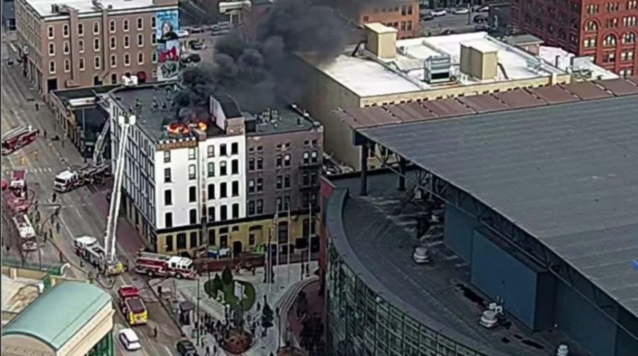 A burning building along Fulton Street in downtown Grand Rapids. (Feb. 23, 2024)