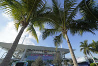 Hard Rock Stadium is shown Thursday, Jan. 30, 2020, in Miami Gardens, Fla., in preparation for the NFL Super Bowl 54 football game. (AP Photo/David J. Phillip)