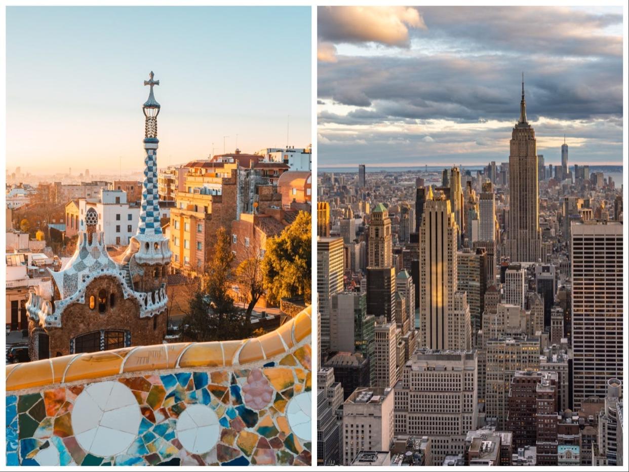 Collage of Barcelona and New York City.