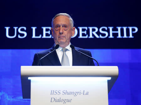 U.S. Secretary of Defence Jim Mattis speaks at the IISS Shangri-la Dialogue in Singapore June 2, 2018. REUTERS/Edgar Su