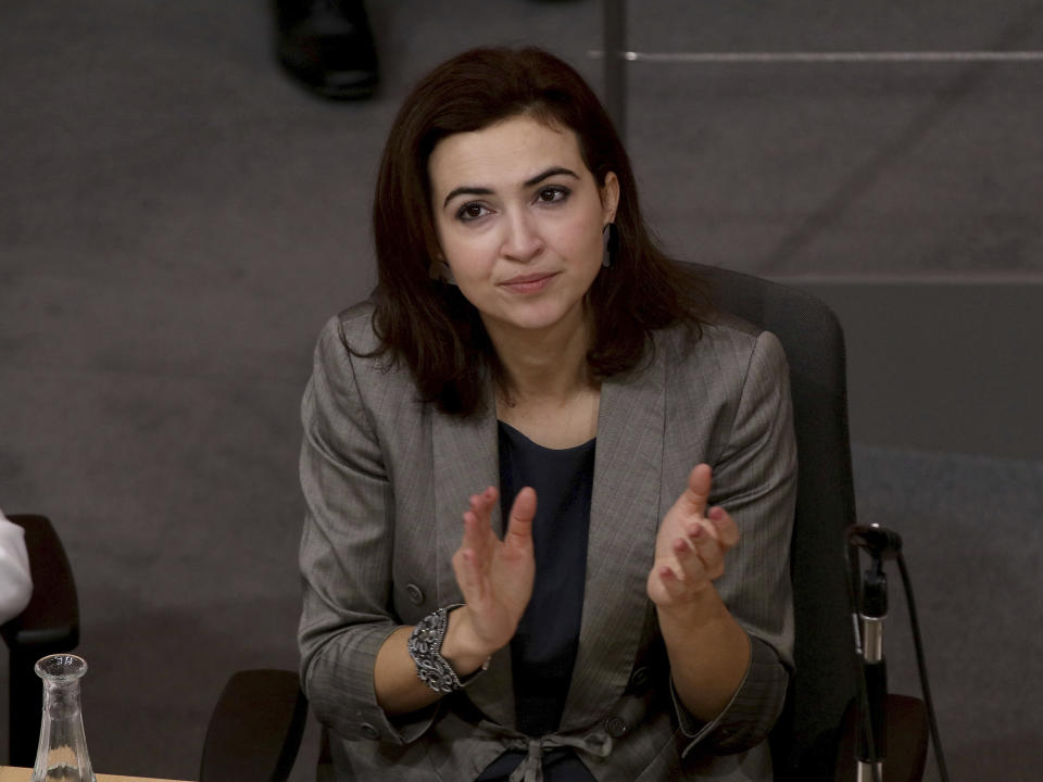 FILE - Austrian Justice Minister Alma Zadic of the Austrian Green party attends the first parliament session in Vienna, Austria, on Jan. 10, 2020, after the new government was inaugurated. Austria faces its biggest espionage scandal in decades as the arrest of a former intelligence officer brings to light evidence of extensive Russian infiltration, lax official oversight and behavior worthy of a spy novel. (AP Photo/Ronald Zak, File)